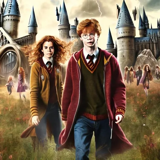 Prompt: Harry Potter, Hermione Granger, Ron Weasley, playful, magical field, high quality, fantasy, vibrant colors, detailed, whimsical, magical, friends, sunny day, joyful atmosphere, wizarding world, professional, enchanting lighting