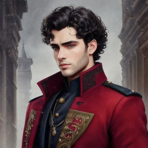 Prompt: Realistic oil painting of young adult fantasy male noble with blue eyes, olive skin, curly black hair, stubble on face,  wearing a black and red nobleman coat, hypermasculine, 8k, sharp focus, studio photo, intricate details, highly detailed