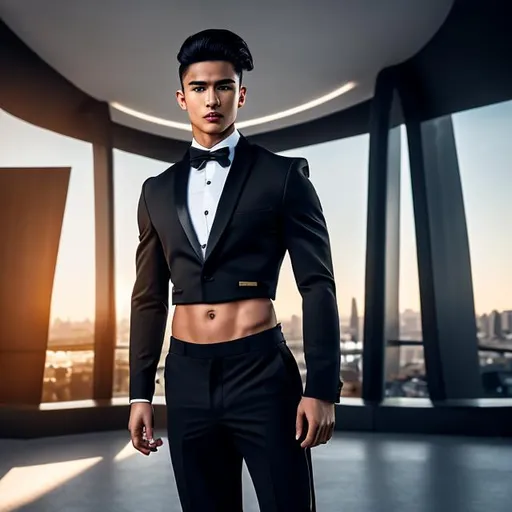 Prompt: crop top black long sleeve business suit with a black necktie, bare midriff, bare navel,  black business suit pants, 20-years old, male, man, confident, long wavy hair, six pack abs, standing, arms akimbo, showcasing abs, sideview, outside, shining light, photo, 4k, hdr, vibrant, studio camera,