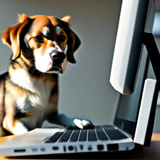 Prompt: Dog playing on a computer
