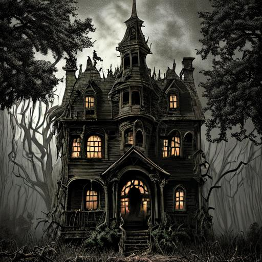 hyperdetailed realistic old decrepit haunted house w
