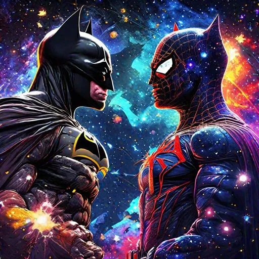 Prompt: batman VS Spiderman profile, space background filled with galaxies, nebulas, stars and blackholes, bright colors, planets, solar systems 