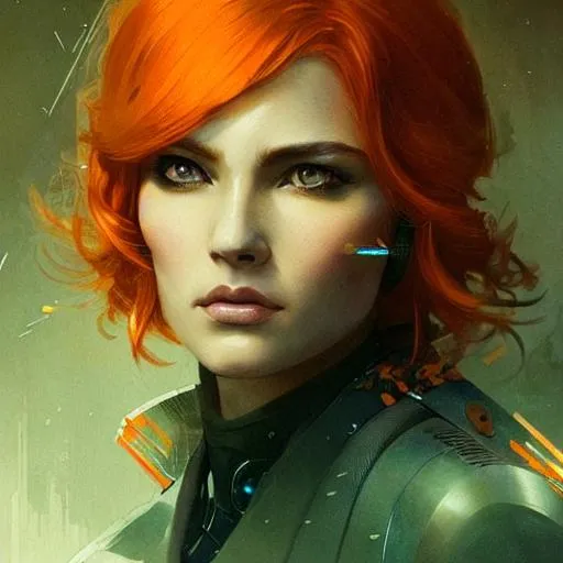 Prompt: portrait canvas, muted colors, watercolor style, vintage colors, by greg rutkowski, detailed, intricate face, detailed eyes, gentle tones, futuristic theme, cyberpunk theme, beautiful woman short orange hair, green eyes