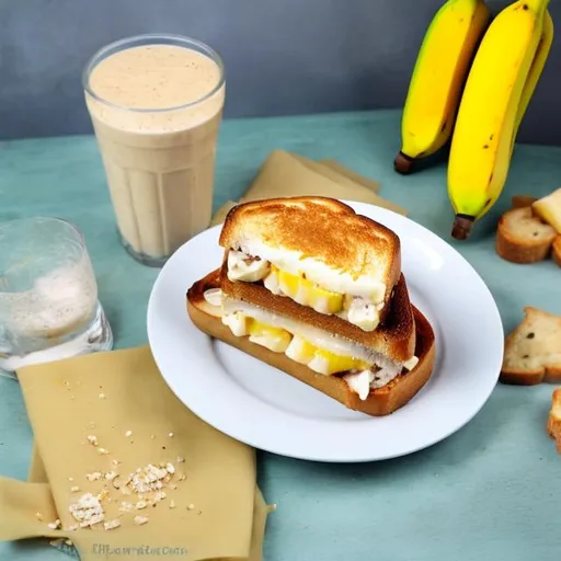 Prompt: banana cheese sandwich on toast with cheese milkshake 