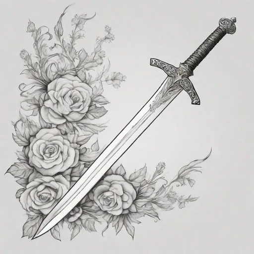 Prompt: Create me a simple straight short sword, the picture should be in black and white, pencil drawn, and a floral border