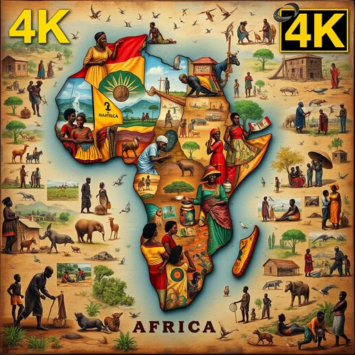 Prompt: (africa map), vibrant colors, showcasing (diverse human activities), dynamic scenes of culture, agriculture, urban life, and rural communities, rich textures, detailed depictions of interactions, harmonious coexistence, captivating imagery, (4K), intricate background elements highlighting local landscapes, arts, and traditions, showcasing unity and life throughout the continent.