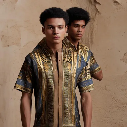 Prompt: A youthful pharaonic shirt that shows strength in its design, inspired by the ancient Egyptian civilization