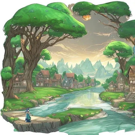 Prompt: Design the first page for a children's book titled 'The Green Guardians Chronicles: Rise of the Guardians.' 

The setting is Cedarville, a quaint town nestled between dense, lush forests and a shimmering, winding river. The atmosphere is morning with the sun just rising, casting a soft, golden hue over the town. The river should sparkle in the sunlight, and the houses should have a modern, cozy, homely vibe, some with gentle smoke rising from the chimneys.

Please keep the color palette gentle and inviting, suitable for 8-12-year-olds."