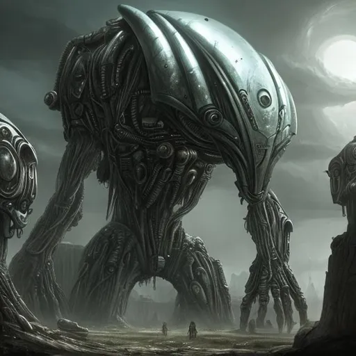 Prompt: fantasy art style, dystopian, eggs, aliens, alien, biological mechanical, giant