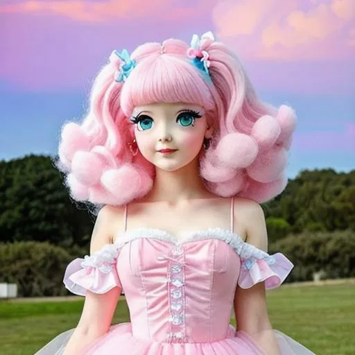 Prompt: A beautiful girl like Cotton candy, really realistic, best quality, fully detailed best quality, Anime, she is human but her dress and hair look like pink and blue cotton candy  . big everything.Big everything ,hot beautiful, Siting on a pink cloud . There is blue and pink clouds floating around her, she is 38 and is wearing a fluffy ruffly skirt that is blue and pink her shirt is like a nightgown. It is day time. Her hair is curly and medium it is blue and pink. She wears a hair pin that is a cute. She is cute . hot big everything. she is 48. she is hot pretty and a little chubby. She is big and hot. also kawaii. she is skinny but her but is big she is happy.