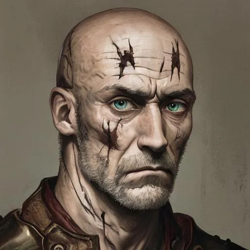 Prompt: head and shoulders portrait, powerful bald man, scars across both of his eyes, strong jaw and chin, no hair on his scalp