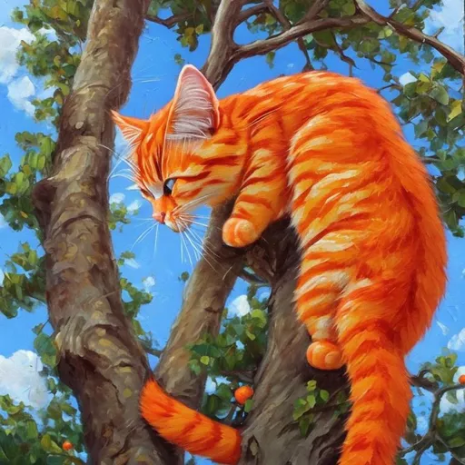 Prompt: Orange cat climb up to the tree, oil painting.