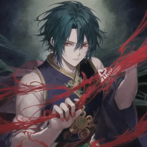 Prompt: Anime illustration of a furious boy, long dark blue-green Chinese-style hair, Chinese clothing, intense red eyes, linked with spider lily flower, holding a bloody red sword, highres, ultra-detailed, anime, intense gaze, Chinese theme, dark tones, dramatic lighting