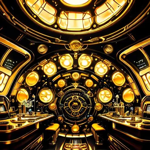 Prompt: RAW photo, interior of a pirate space ship, made of brass, gold, glass, black, golden, blue, red, clear, steampunk, big round windows, very elegant, solar sails, alien planet, universe, vivid colors (high detailed skin:1.2), 8k uhd, dslr, soft lighting, high quality, film grain, Fujifilm XT3