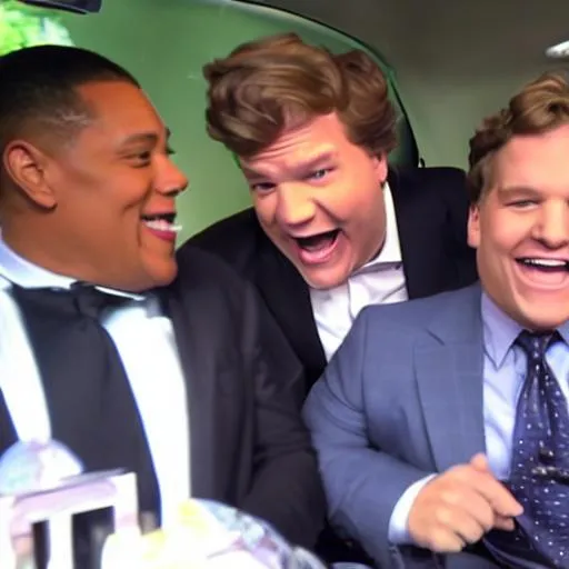 Prompt: James Corden, Don Lemon and Tucker Carlson laughing in a car
