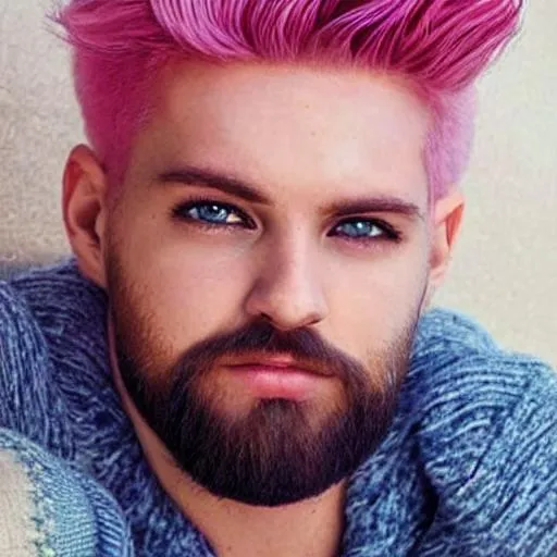 Prompt: cute men pink hair blonde beard 6 pack with blue realistic eyes with symmetrical beautiful face
