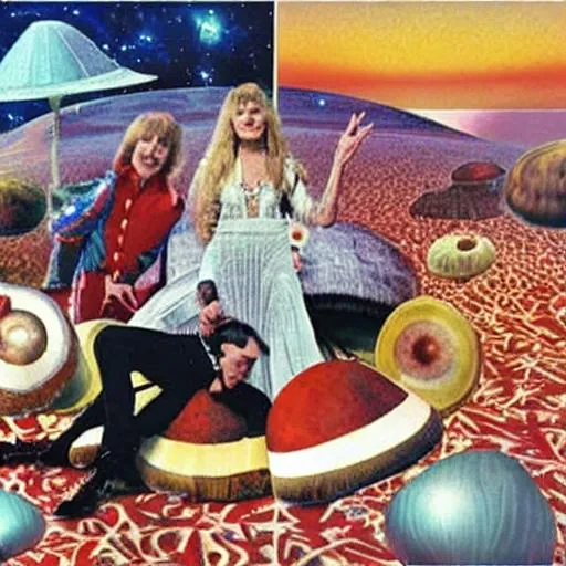 Prompt: Fleetwood Mac, the Beatles, The Beach Boys and abba all sing together in space on top of gigantic mushrooms and peace signs 