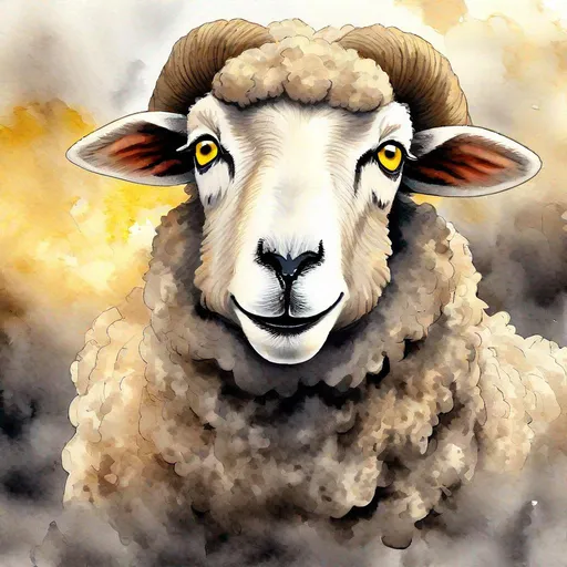 Prompt: Ascadian Umber Sheep, ash-black with dusky brown wool, yellow placid eyes, happily moving around in a lava field, masterpiece, best quality, (in watercolor painting style)
 