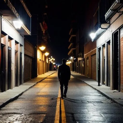 Prompt: a man walking in a lonely street at night