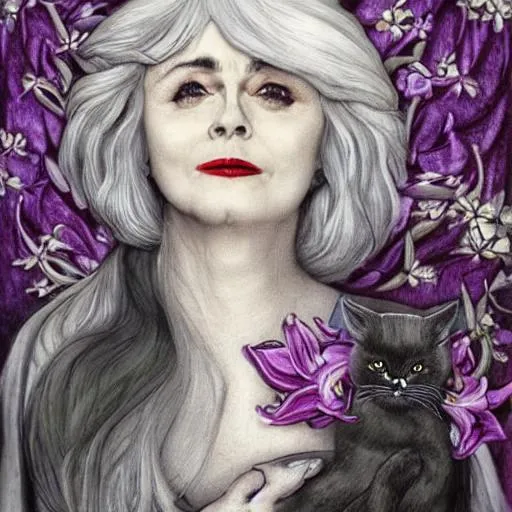 Prompt: grey hair, white lilies, white dove, long grey hair, beautiful older woman, helena bonham carter, long grey hair, black cat, bottecelli, daffodils, lilies, purple iris, madonna, pre-raphaelite, magpie, medieval, art nouveau

