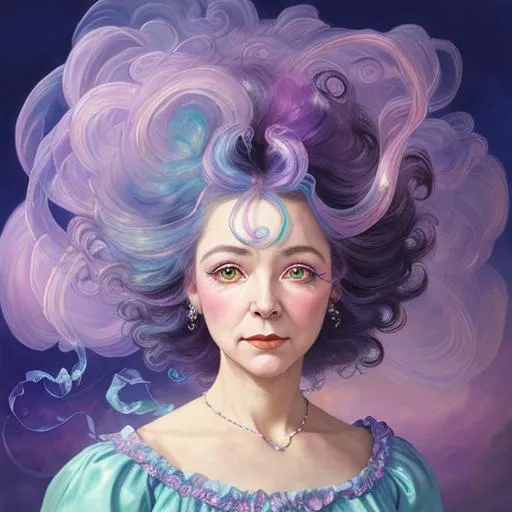 Prompt:   beautiful mature woman 50s with hair made of  floating ribbons and  smoke, beautiful sky background, colorful and vibrant, mystical  colors, contemporary impressionism,  iridescent painting, 3/4 perspective view, brian froud, cute face, low angle, sweeping circling composition, large beautiful crystal eyes, big irises