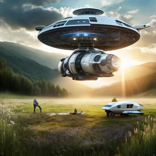 Prompt: UHD photorealistic rendering Family spacecraft with communications array hovering over meadow 