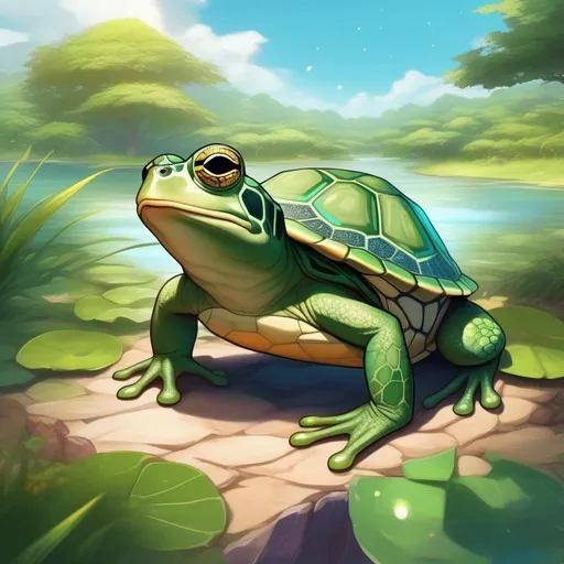 Prompt: a fusion between a frog and a turtle, with a gemstone embedded in its forehead, a detailed savannah background, RPG art, Anime art, 2D art, 2D, majestic