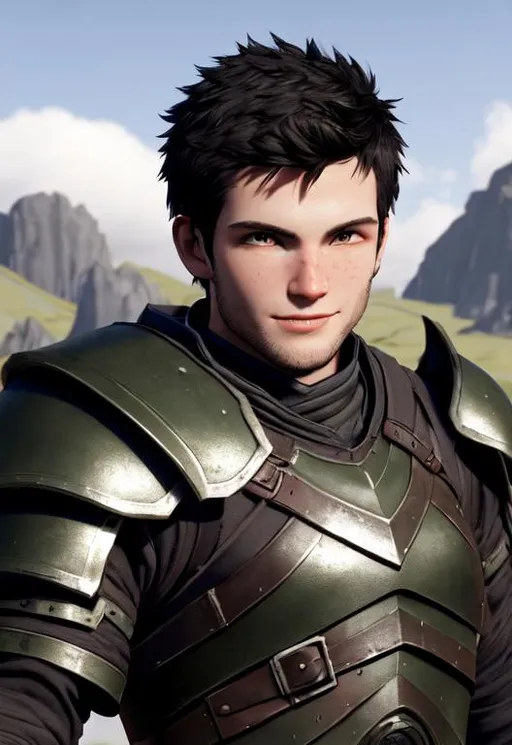 Prompt: Full character, kind of dorky, Digital art, 22-year-old viking man, black hair. green armor. blue gear. medium-length black hair, subtle smile, short black stubble beard, hazel eyes, adventurer, blue sky background, unreal engine 8k octane, 3d lighting