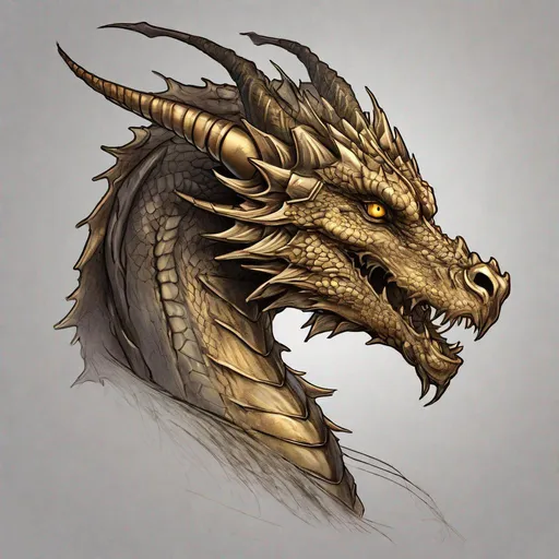 Prompt: Concept design of a dragon. Dragon head portrait. Side view. Coloring in the dragon is predominantly bronze with dark golden streaks and details present.