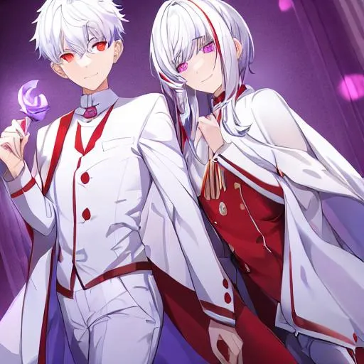 Prompt: A white hair boy wearing white shirt and red cape with purple strips and eye colour is blue with  and a smile 