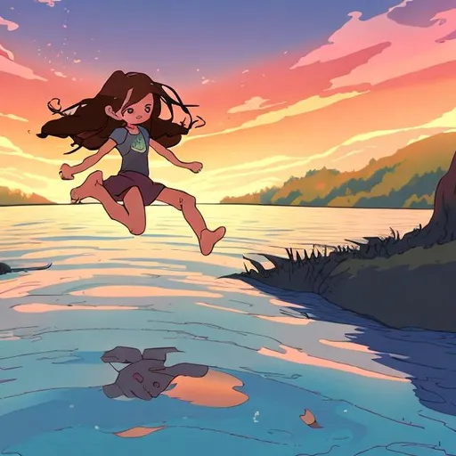 Prompt: a sunset with a girl with brown hair two legs and two arms jumping from a dock into a heart-shaped lake