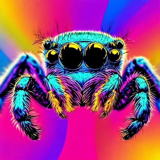 Prompt: Jumping spider in the style of Lisa frank