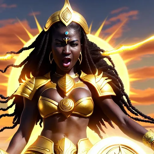 Prompt: (Hyperrealistic highly detailed full body wide shot photography of an ebonian woman sun avatar in magic armor, screaming a battlecry.)
Beautiful, strong-willed, determined, brave, charismatic, inspirational, leader, golden necklace, golden headband, radiant. Magic. Visual effect. Amazing battlefield scenery.