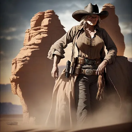 Prompt: Brooding, tense, foreboding 3D HD dramatic cinematic lighting [({one}Female as a dusty beautiful {Old-West}Gunfighter)], expansive Arizona desert background, sunset hyper realistic, 8K --s98500