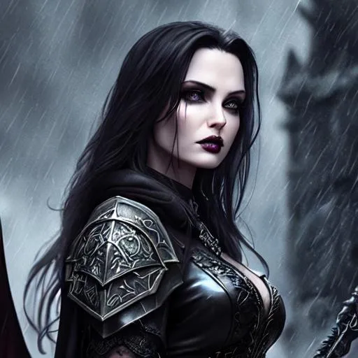 Prompt: cinematic portrait, dungeons & dragons, final fantasy concept art, watercolor, HD photography, (((beautiful goth vampire woman with realistic face, detailed face))), standing in a dark thunderstorm with lightning, battleworn, bleeding cut, dragon with wings, intricate steel broadsword,young angelina jolie, angry face, rage, vengeance, pale skin, angular eyebrows, ++[thick lips], dark hair, black hair, powerful pose, crimson,  warrior, heavy black metal armour, high contrast, ethereal, royal vibes, 3D lighting, castle, ruins, rubble