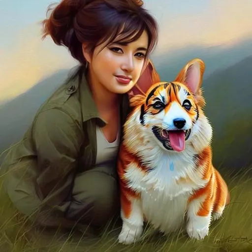 Prompt:  A woman with Corgi-tiger hybrid warrior, realistic 