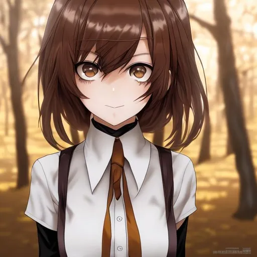 Prompt: girl, brown hair,  yellow eyes, white shirt and black tie, blood, high quality, tired, best quality, anime, beautiful, good lighting