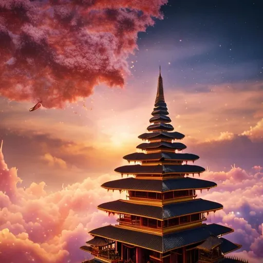 Prompt: (Fantasy)A breath taking view of a Balinese temple floating in the sunny sky surrounded by pink and gold cosmic space dust 