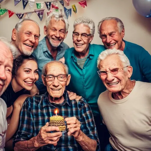 Prompt: photo of a older man that has his birtday with some friends