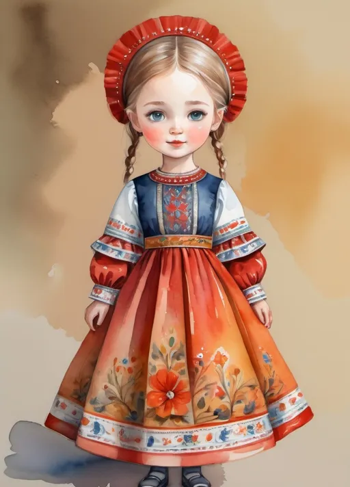 Prompt: young girl, elegant children's dress, Russian folk costume, a lot of details, high quality, standing straight, arms to the sides, paper doll, watercolor,