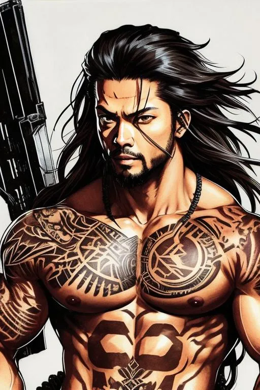 Prompt: (((Yoji Shinkawa))), sticker of ultra detailed portrait of Roman Reigns in tribal armor,  high quality cell shaded illustration in post apocalyptic style by Yoji Shinkawa, ((full body)), dynamic pose, perfect anatomy, tribal tattoos, centered, freedom, soul, dark black long hair, approach to perfection, cell shading, 4k , cinematic dramatic atmosphere, watercolor painting, global illumination, detailed and intricate environment, artstation, concept art, fluid and sharp focus, volumetric lighting, cinematic lighting, Art by Yoji Shinkawa,