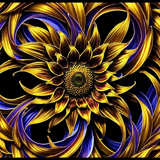 Prompt: extreme closeup, dark, Epic, Beautiful, Swirling {Sunflower} gold silver black, beautiful intricately-colored, symmetrical, Beautiful and Gorgeous, hyper realistic, expansive sunflower field background, hyper realistic, 64K --s99500