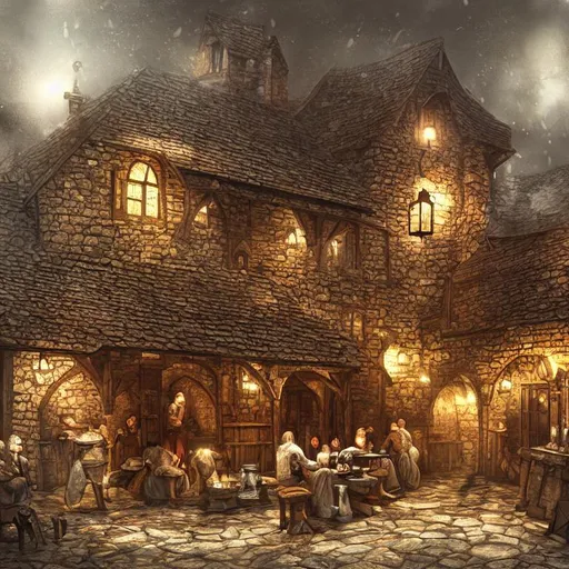 Prompt: A medieval tavern, texture, intricate, details, highly detailed, masterpiece, architecture, building, trending on artstation, focus, sharp focus, concept art, digital painting, fantasy, raining, evening