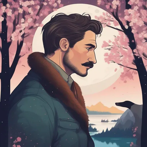 Prompt: A profile beautiful and colourful picture of a handsome man with brunette hair and a mustach, is surrounded by a Sitka Spruce, cherry blossoms, geese, a brown bear, framed by the moon and constilations