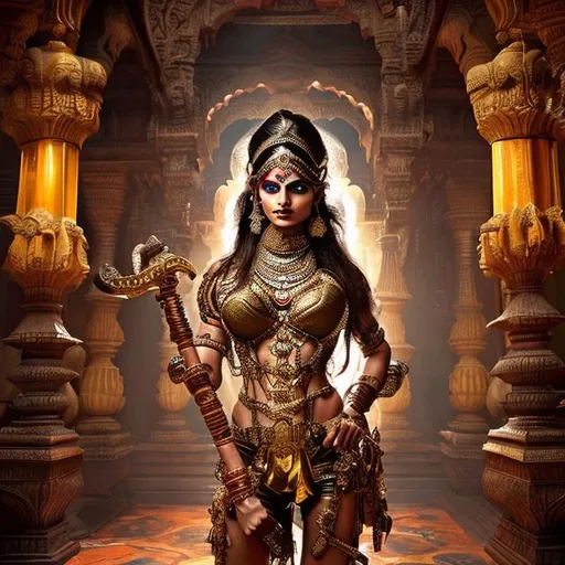 Prompt: Indian superhero with a powerful Urumi weapon, in a grand Indian Mansion. 
Golden armor glimmers, intricate henna patterns adorn. 
Opulent chandeliers illuminate marble floors, ornate tapestries hang. 
Mysterious ambiance, a mix of ancient magic and modern heroism. 
Vibrant colors, dynamic poses, and detailed textures bring the scene to life. 
Inspired by Raja Ravi Varma's realism, Amruta Patil's graphic novel style, and the art movement of Bengal School. 
Camera: DSLR, low light settings, capturing the essence.