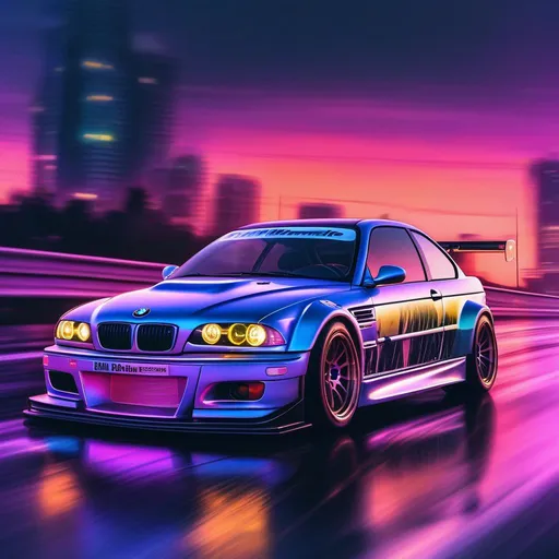 Prompt: 2001 BMW M3 E46 GTR, synthwave, aesthetic cyberpunk, miami, highway, dusk, neon lights, coastal highway, dusk, neon lights, coastal highway, sunset, drift, nurburgring, water on the road, blade runner, 8k, watercolor, macro sharp focus