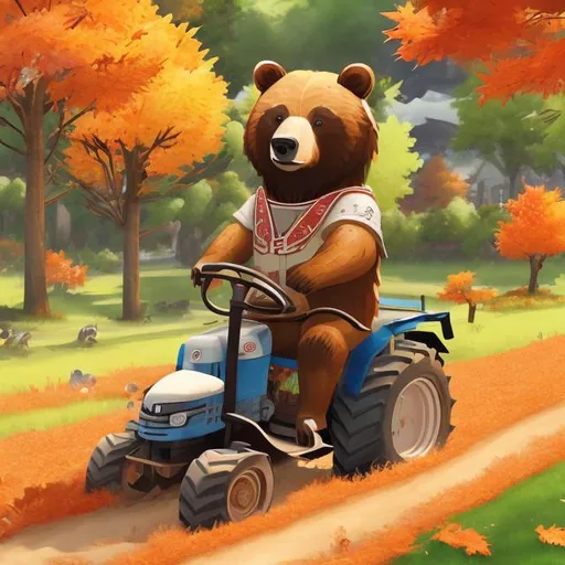 Prompt: Bear wearing samurai armor riding a farming tractor in park with maple trees in autumn