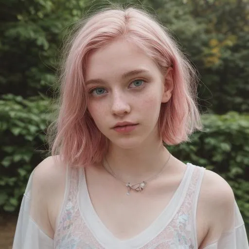 Prompt: 18 year old girl, pale skin, collar, pink hair, short hair, oversized t-shirt, blue eyes, happy, blushing, cosy, moody, flat chest, freckles, cute looking, masterpiece, nature, masterpiece, hd quality,