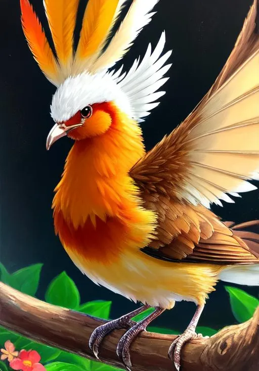 Prompt: UHD, , 8k,  oil painting, Anime,  Very detailed, zoomed out view of character, HD, High Quality, Anime, , Pokemon, Spearow is an avian Pokémon that is very small. It has rough, brown plumage on its head and three brown tail feathers. It has narrow, dark brown eyes with white pupils and a short, hooked beak that is light pink. The feathers covering its wings are pinkish-red with lighter tips, and it has a beige underside with two thin, horizontal stripes. Its light pink feet have two toes in front and one in the back. Black feathers cover its back.

Although inept at other aspects of its flying, such as height and distance, Spearow is still capable of flying quickly to protect its territory. However, it must flap its wings at high speeds to stay aloft. Spearow's loud shrieks can be heard over half a mile (one kilometer) away, and are used to warn other of its kind of danger. In the anime, Spearow is revealed to see in black and white and will chase its foes in a large flock. Spearow are found naturally in open habitats with warmer climates, mainly desolate wastelands and fields, where it hunts for insects. Ekans is a natural predator of Spearow. Spearow preys on Sunkern.



Pokémon by Frank Frazetta