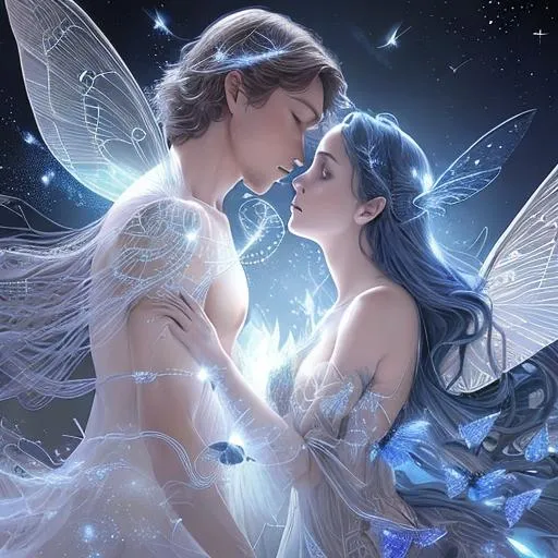 Prompt: The cover of "Time's Overture" is a mesmerizing blend of ethereal elements that captures the essence of the story's themes. Against a backdrop of deep, star-studded indigo, a delicate white moth takes center stage. Its wings are adorned with intricate patterns that shimmer as if kissed by moonlight.

Hovering near the moth are two figures, their forms sketched with a sense of softness and connection. The male figure stands tall, his presence protective yet gentle. The female figure leans into him, her expression a mixture of longing and devotion. Their silhouettes seem to meld seamlessly, representing a love that transcends time and space.

Around them, the cosmic expanse unfolds, with galaxies and constellations swirling in a dance of celestial beauty. The backdrop suggests the boundless nature of the universe and the infinite possibilities that love can traverse.

The cover's color palette is a harmonious symphony of deep blues, soft grays, and ethereal whites, creating an atmosphere that's both otherworldly and intimately human. The artistic strokes capture the essence of a love story that spans dimensions, inviting readers to delve into a tale of passion and perseverance against the backdrop of cosmic wonders.